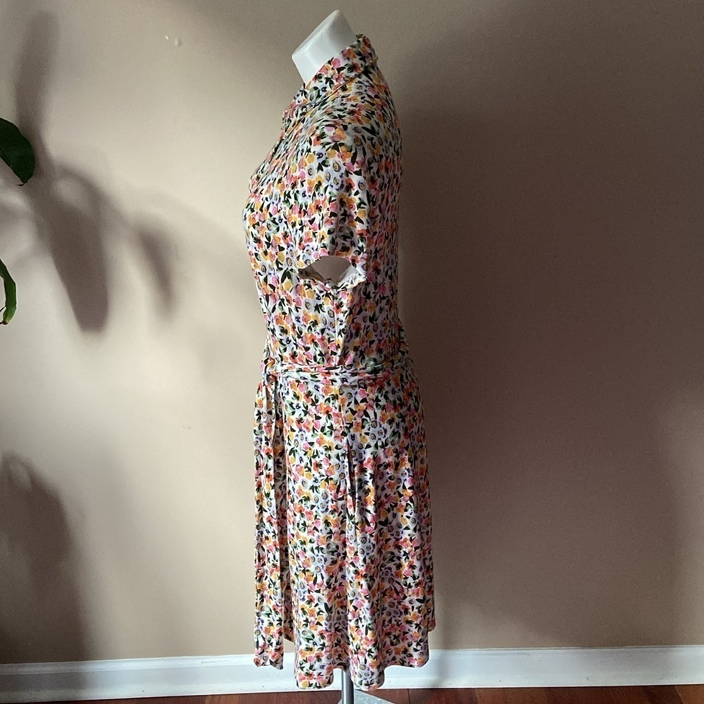 Isaac Mizrahi Pink Floral Belted Short Sleeve Shirt Dress Church Modest Size L - Picture 3 of 6